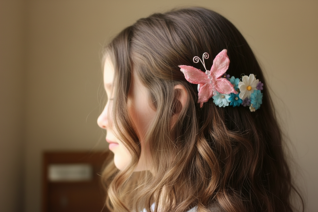 Whimsical Pink Butterly and Floral Hair Clip