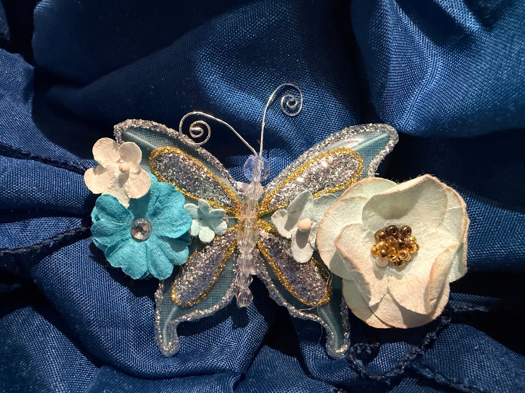 Whimsical Blue Butterly and Floral Hair Clip