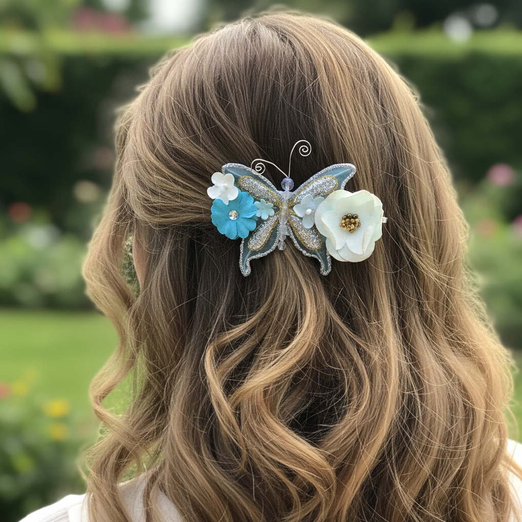 Whimsical Blue Butterly and Floral Hair Clip