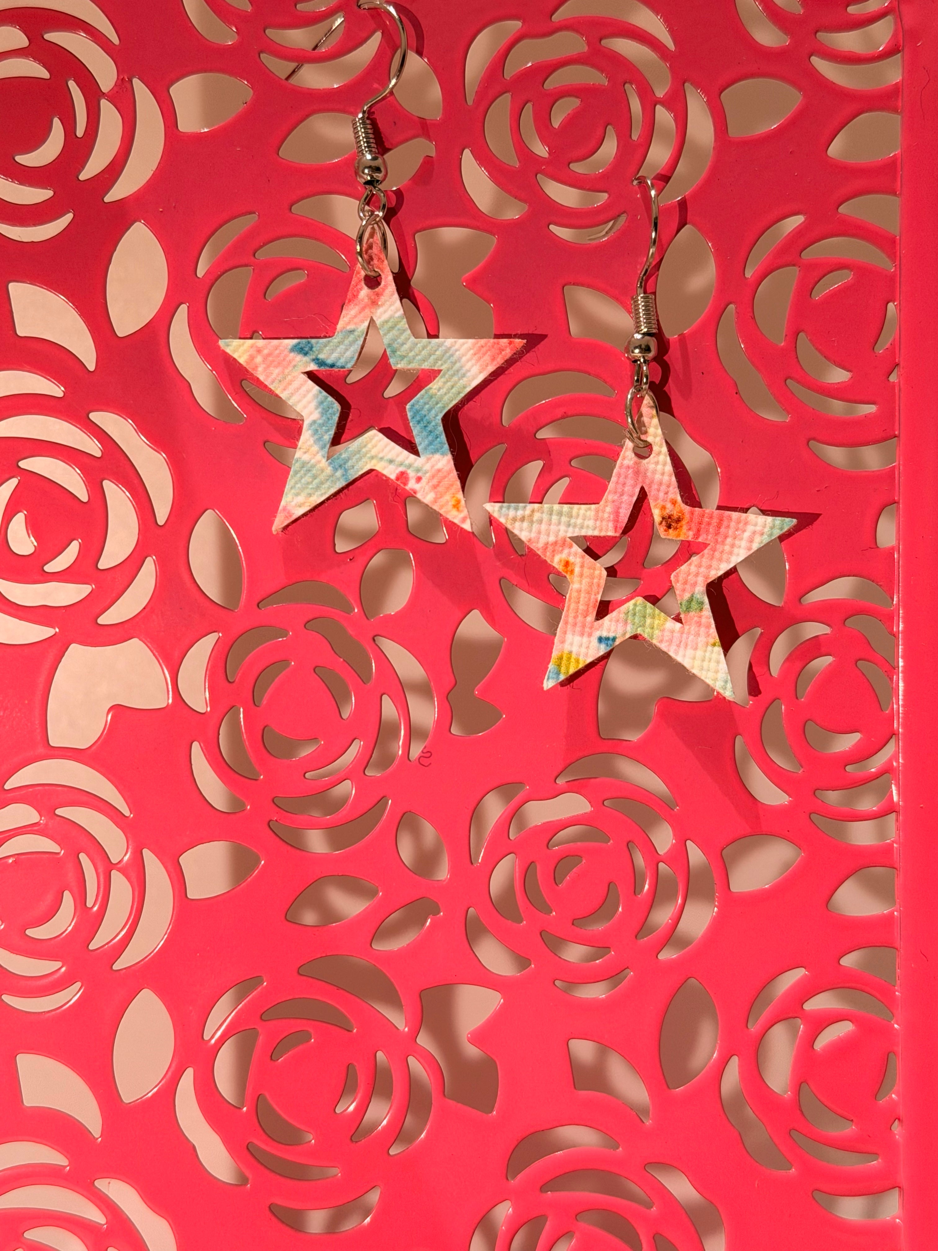 Pastel Floral Print Dangle Earrings in Star Cutout