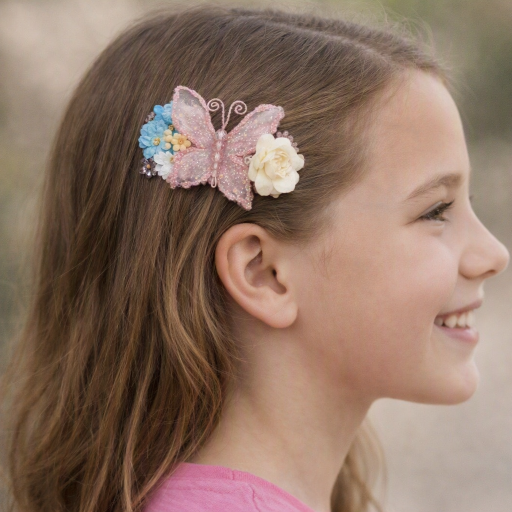 Whimsical Purple Butterly and Floral Hair Clip