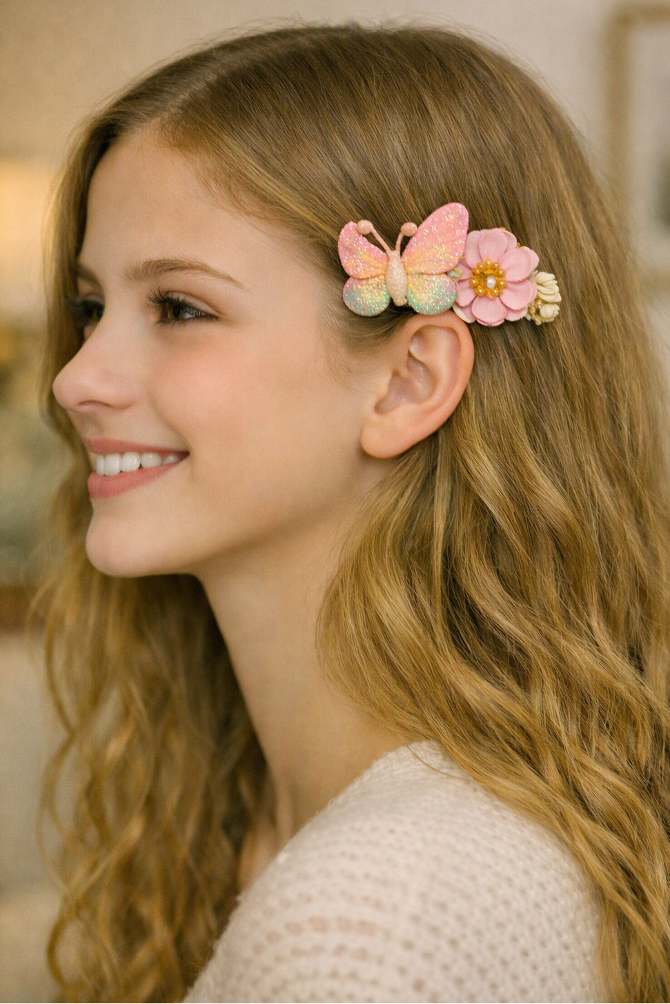 Whimsical Rainbow Butterly and Floral Hair Clip